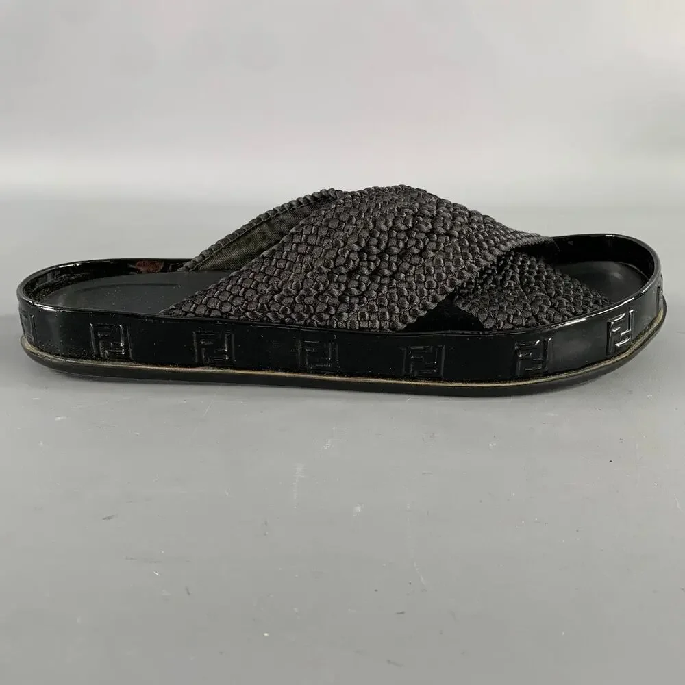 FENDI Size 8 Black Monogram Nylon Slide Sandals